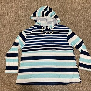SHEIN Curve 1XL Lightweight Blue Striped Hooded Shirt Hoodie EUC